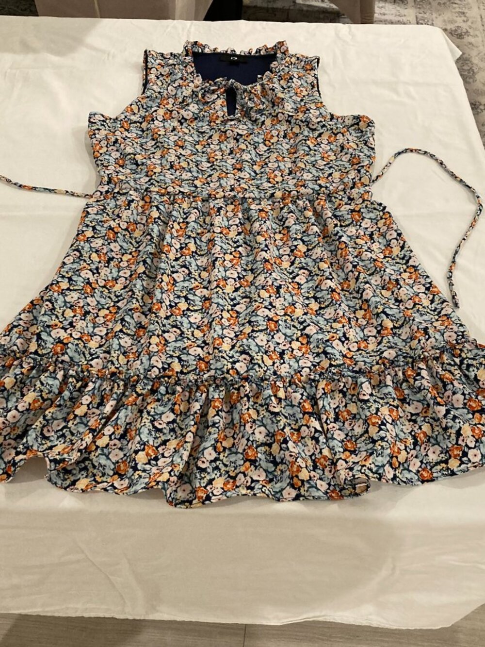 iZ Byer Blue Orange Floral Ruffle Keyhole Tie Mini Dress L